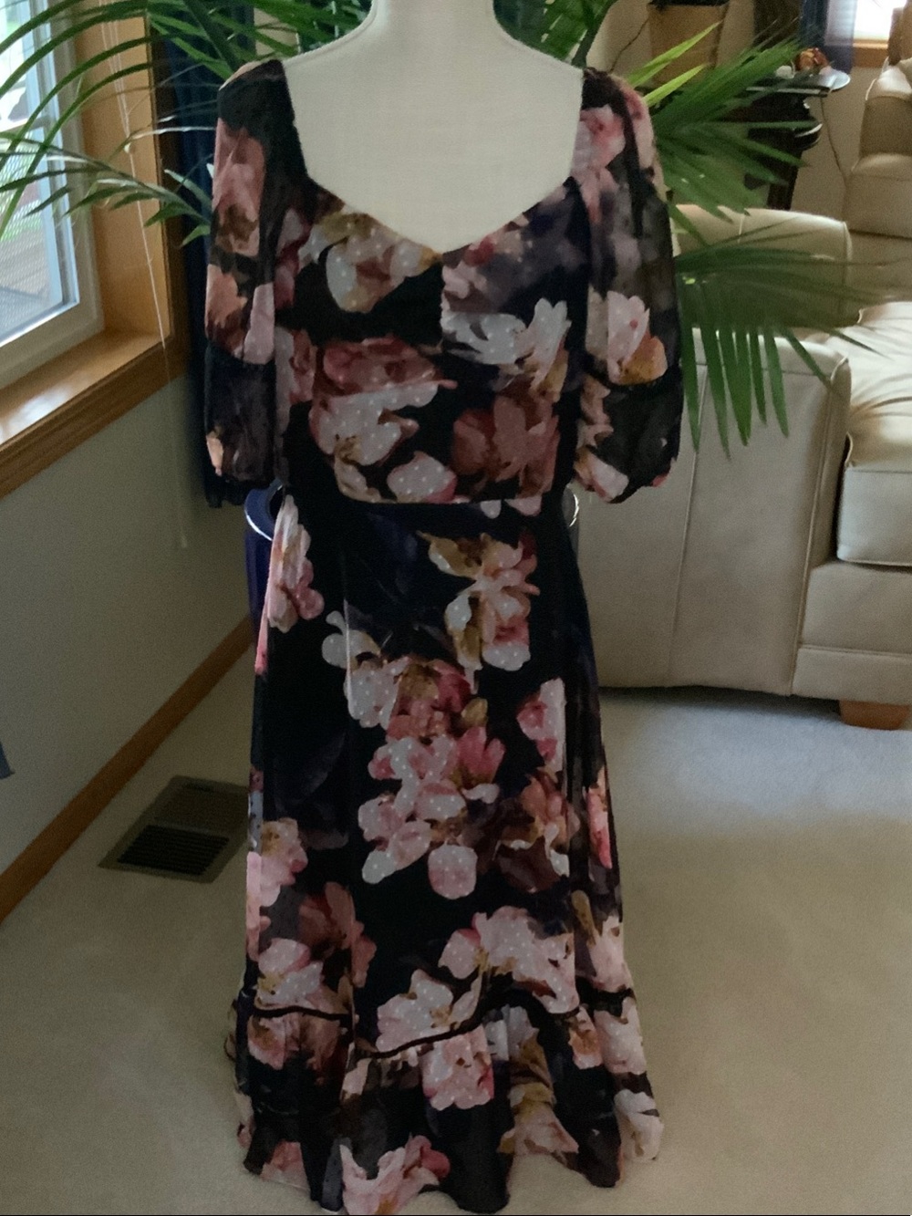 Black Floral Midi Dress with Puff Sleeves